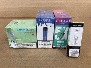 3 X BOXES OF ASSORTED VAPES TO INCLUDE BOX OF ELFBAR AF5000 5000 PUFF 20MG DISPOSABLE VAPES IN LEMON LIME - (PLEASE NOTE: 18+YEARS ONLY. ID MAY BE REQUIRED): LOCATION - E0