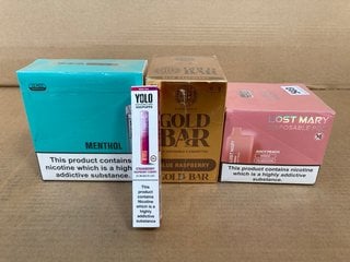 4 X BOXES OF ASSORTED VAPES TO INCLUDE YOLO 600 PUFF VAPE IN STRAWBERRY RASPBERRY CHERRY (PLEASE NOTE: 18+YEARS ONLY. ID MAY BE REQUIRED): LOCATION - E0