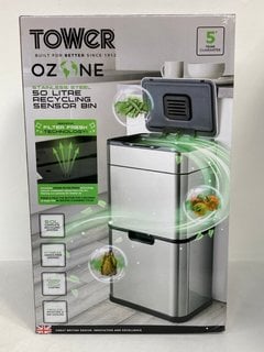 TOWER OZONE 50L RECYCLING SENSOR BIN IN STAINLESS STEEL - RRP £159: LOCATION - FRONT BOOTH