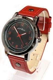 MEN'S LA BANUS FIELD WATCH. FEATURING A BLACK DIAL, BEZEL AND CASE . RED LEATHER STRAP: LOCATION - E0