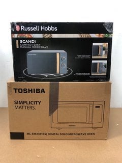 TOSHIBA DIGITAL SOLO MICROWAVE OVEN IN BLACK MODEL: ML-EM23P(BS) TO INCLUDE RUSSELL HOBBS SCANDI COMPACT GREY MANUAL MICROWAVE MODEL: RHMM713G-N: LOCATION - H1