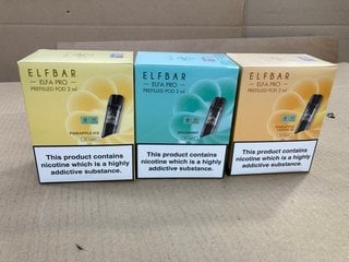 3 X ASSORTED BOXES OF VAPES TO INCLUDE BOX OF 10 PRE FILLED POD ELFBARS IN PINEAPPLE ICE FLAVOUR - 2ML (PLEASE NOTE: 18+YEARS ONLY. ID MAY BE REQUIRED): LOCATION - E0