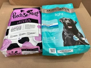 BAG OF 10KG POOCH & MUTT CALM & RELAXED DRY DOG FOOD - BBE: 08.01.2026 TO ALSO INCLUDE BAG OF 12KG ARDEN GRANGE LIGHT DRY DOG FOOD WITH FRESH CHICKEN & RICE - BBE: 30.11.2025: LOCATION - E3