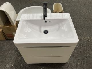 (COLLECTION ONLY) WALL HUNG 2 DRAWER SINK UNIT IN WHITE WITH A 600 X 450MM 1TH POLYMARBLE BASIN COMPLETE WITH A BLACK MONO BASIN MIXER TAP & SPRUNG WASTE - RRP £735: LOCATION - B8