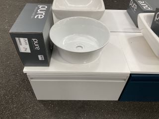 (COLLECTION ONLY) WALL HUNG 1 DRAWER COUNTERTOP SINK UNIT IN GREY MIST & WHITE 600 X 400MM WITH A CERAMIC VESSEL BASIN COMPLETE WITH A WALL MOUNTED 3 HOLE BASIN MIXER & CHROME SPRUNG WASTE - RRP £725