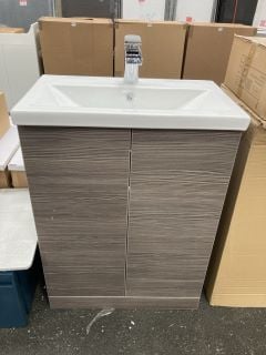 (COLLECTION ONLY) FLOOR STANDING 2 DOOR SINK UNIT IN BROWN GREY AVOLA WITH A 610 X 370MM 1TH CERAMIC BASIN COMPLETE WITH A WATERFALL SPOUT MONO BASIN MIXER TAP & CHROME SPRUNG WASTE - RRP £730: LOCAT