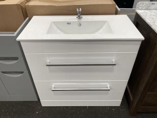 (COLLECTION ONLY) FLOOR STANDING 2 DRAWER SINK UNIT IN WHITE WITH A 810 X 400MM 1TH CERAMIC BASIN COMPLETE WITH A MONO BASIN MIXER TAP & CHROME SPRUNG WASTE - RRP £810: LOCATION - A6