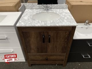 (COLLECTION ONLY) FLOOR STANDING 2 DOOR 1 DRAWER TRADITIONAL SINK UNIT IN DARK OAK WITH A 650 X 500MM GREY MARBLE TOP WITH BACK SPLASH & CERAMIC UNDERMOUNT BASIN COMPLETE WITH A MONO BASIN MIXER TAP