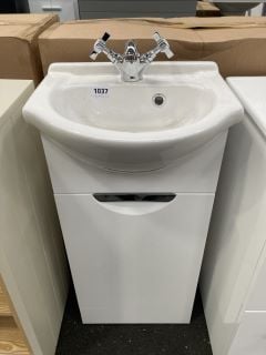 (COLLECTION ONLY) FLOOR STANDING 1 DOOR SEMI RECESSED CLOSET SINK UNIT IN WHITE WITH A 410 X 360MM 1TH CERAMIC BASIN COMPLETE WITH A MONO BASIN MIXER TAP & CHROME SPRUNG WASTE - RRP £685: LOCATION -