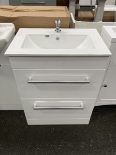 (COLLECTION ONLY) FLOOR STANDING 2 DRAWER SINK UNIT IN WHITE WITH A 610 X 400MM 1TH CERAMIC BASIN COMPLETE WITH A MONO BASIN MIXER TAP & CHROME SPRUNG WASTE - RRP £735: LOCATION - A7