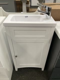 (COLLECTION ONLY) FLOOR STANDING 1 DOOR CLOSET SINK UNIT IN WHITE WITH A 460 X 230MM STH POLYMARBLE BASIN COMPLETE WITH A MONO BASIN MIXER TAP & CHROME SPRUNG WASTE - RRP £645: LOCATION - A7