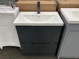 (COLLECTION ONLY) FLOOR STANDING 2 DOOR SINK UNIT IN GLOSS GREY WITH A 620 X 365MM 1TH CERAMIC BASIN COMPLETE WITH A BLACK MONO BASIN MIXER TAP & SPRUNG WASTE - RRP £720: LOCATION - A7