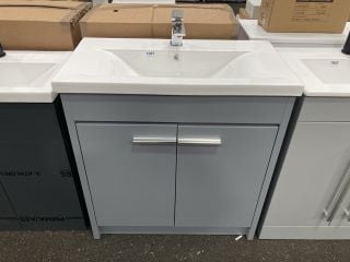 (COLLECTION ONLY) FLOOR STANDING 2 DOOR SINK UNIT IN LIGHT GREY WITH A 770 X 400MM 1TH CERAMIC BASIN COMPLETE WITH A MONO BASIN MIXER TAP & CHROME SPRUNG WASTE - RRP £795: LOCATION - A7