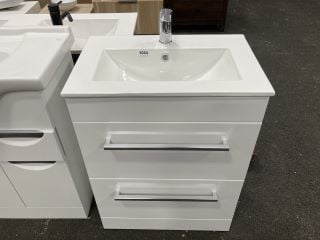 (COLLECTION ONLY) FLOOR STANDING 2 DRAWER SINK UNIT IN WHITE WITH A 610 X 400MM 1TH CERAMIC BASIN COMPLETE WITH A MONO BASIN MIXER TAP & CHROME SPRUNG WASTE - RRP £745: LOCATION - A7