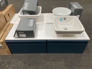 (COLLECTION ONLY) 2 X WALL HUNG 1 DRAWER SINK UNITS IN TEAL WITH A 1210 X 390MM COUNTERTOP IN WHITE WITH A CERAMIC VESSEL BASIN & WALL MOUNTED 3 HOLE BASIN MIXER IN CHROME WITH SPRUNG WASTE - RRP £11