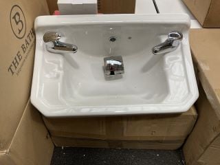 (COLLECTION ONLY) WALL HUNG 2TH 500MM WIDE CERAMIC BASIN COMPLETE WITH A PAIR OF LEVER ACTION MONO BASIN MIXER TAPS & CHROME SPRUNG WASTE - RRP £295: LOCATION - A5