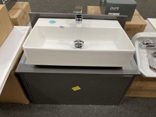 (COLLECTION ONLY) WALL HUNG 1 DRAWER COUNTERTOP SINK UNIT IN GLOSS GREY 740 X 450MM WITH A 1TH CERAMIC BASIN COMPLETE WITH A WATERFALL SPOUT MONO BASIN MIXER TAP & CHROME SPRUNG WASTE- RRP £765: LOCA