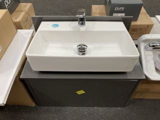 WALL HUNG 1 DRAWER COUNTERTOP SINK UNIT IN GLOSS GREY 740 X 450MM WITH A 1TH CERAMIC BASIN COMPLETE WITH A WATERFALL SPOUT MONO BASIN MIXER TAP & CHROME SPRUNG WASTE- RRP £765: LOCATION - A5