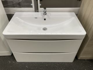 (COLLECTION ONLY) WALL HUNG 2 DRAWER SINK UNIT IN WHITE WITH A 800 X 450MM 1TH POLYMARBLE BASIN COMPLETE WITH A MONO BASIN MIXER TAP & CHROME SPRUNG WASTE - RRP £840: LOCATION - A6