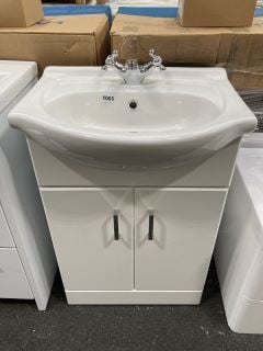 (COLLECTION ONLY) FLOOR STANDING 2 DOOR SEMI RECESSED SINK UNIT IN WHITE WITH A 550 X 430MM 1TH CERAMIC BASIN COMPLETE WITH A TRADITIONAL CROSSHEAD MONO BASIN MIXER TAP & CHROME SPRUNG WASTE - RRP £7