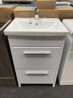 (COLLECTION ONLY) FLOOR STANDING 2 DRAWER SINK UNIT IN WHITE WITH A 510 X 400MM 1TH CERAMIC BASIN COMPLETE WITH A MONO BASIN MIXER TAP & CHROME SPRUNG WASTE - RRP £720: LOCATION - A6