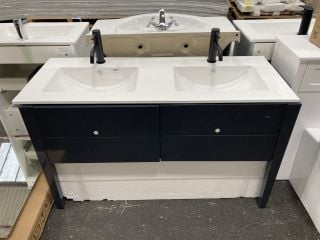 (COLLECTION ONLY) FLOOR STANDING 2 LEGGED BTW TWIN SINK UNIT IN GLOSS GREY WITH A 1200 X 460MM TWIN CERAMIC BASIN TOP & 2 X BLACK MONO BASIN MIXER TAP WITH SPRUNG WASTES - RRP £1160: LOCATION - A7