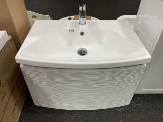 (COLLECTION ONLY) WALL HUNG 1 DRAWER BOW FRONTED SINK UNIT IN WHITE 660 X 460MM 1TH POLYMARBLE BASIN COMPLETE WITH MONO BASIN MIXER TAP & CHROME SPRUNG WASTE - RRP £740: LOCATION - A6