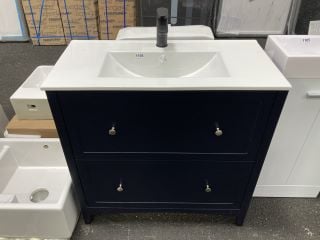 (COLLECTION ONLY) FLOOR STANDING 2 DRAWER SINK UNIT IN INDIGO WITH A 810 X 400MM 1TH CERAMIC BASIN COMPLETE WITH A BLACK MONO BASIN MIXER TAP & SPRUNG WASTE - RRP £840: LOCATION - A6