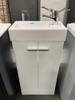 (COLLECTION ONLY) FLOOR STANDING 2 DOOR CLOSET SINK UNIT IN WHITE WITHA 415 X 225MM STH POLYMARBLE BASIN COMPLETE WITH A MONO BASIN MIXER TAP & CHROME SPRUNG WASTE - RRP £665: LOCATION - A7