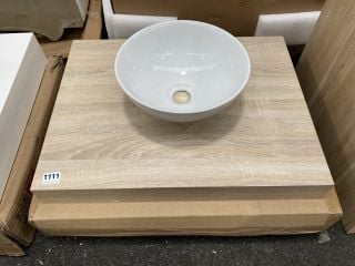 (COLLECTION ONLY) 600 X 460MM FLOATING SHELF IN OAK WITH A ROUND CERAMIC VESSEL BASIN - RRP £280: LOCATION - A7