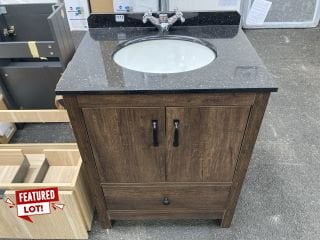 (COLLECTION ONLY) FLOOR STANDING 2 DOOR 1 DRAWER TRADITIONAL SINK UNIT IN DARK OAK WITH A 650 X 500MM BLACK GRANITE MARBLE TOP WITH BACK SPLASH & CERAMIC UNDERMOUNT BASIN COMPLETE WITH A TRADITIONAL