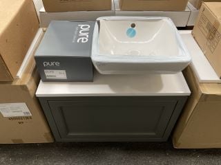 (COLLECTION ONLY) WALL HUNG 1 DRAWER COUNTERTOP SINK UNIT IN PEWTER & WHITE 670 X 400MM WITH A CERAMIC VESSEL BASIN COMPLETE WITH A 3 HOLE WALL MOUNTED BASIN MIXER WITH SPRUNG WASTE - RRP £790: LOCAT