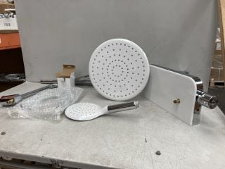 WHITE & CHROME SHELF STYLED SHOWER VALVE WITH RISER RAIL, ROUND FIXED SHOWER HEAD, HANDSET & HOSE - RRP £749: LOCATION - RACKING 3