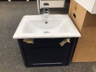 (COLLECTION ONLY) WALL HUNG 1 DRAWER SINK UNIT IN INDIGO WITH 505 X 405MM 1TH CERAMIC BASIN COMPLETE WITH A WATERFALL SPOUT MONO BASIN MIXER TAP & CHROME SPRUNG WASTE - RRP £710: LOCATION - A4