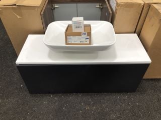 (COLLECTION ONLY) WALL HUNG 1 DRAWER COUNTERTOP SINK UNIT IN CARBON AND WHITE 1000 X 380MM WITH A CERAMIC VESSEL BASIN AND WALL MOUNTED BASIN MIXER IN CHROME WITH SPRUNG WASTE RRP £905: LOCATION - A2