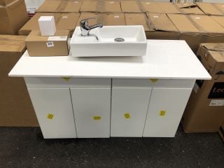 (COLLECTION ONLY) 2 X WALL HUNG 2 DOOR BASE UNITS IN WHITE WITH A 1000 X 430MM SOLID SURFACE COUNTERTOP COMPLETE WITH A 1TH CERAMIC BASIN COMPLETE WITH A MONO BASIN MIXER TAP & CHROME SPRUNG WASTE- R