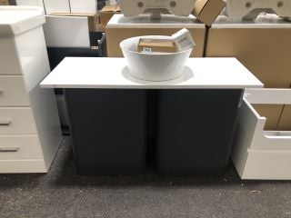 (COLLECTION ONLY) 2X VITRA NEST WALL HUNG UNITS IN GLOSS GREY WITH A 1000 X 400MM WHITE COUNTERTOP COMPLETE WITH A ROUND CERAMIC VESSEL BASIN WITH A WALL MOUNTED BASIN MIXER IN CHROME WITH SPRUNG WAS