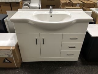 (COLLECTION ONLY) FLOOR STANDING 2 DOOR 3 DRAWER SEMI RECESSED SINK UNIT IN WHITE WITH A 1050 X 510MM 1TH CERAMIC BASIN COMPLETE WITH A MONO BASIN MIXER AND CHROME SPRUNG WASTE RRP £985: LOCATION - A