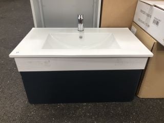 (COLLECTION ONLY) WALL HUNG 1 DRAWER SINK UNIT IN INDIGO BLUE & WHITE WITH A 810 X 470MM 1TH CERAMIC BASIN COMPLETE WITH A MONO BASIN MIXER TAP & CHROME SPRUNG WASTE - RRP £790: LOCATION - A2