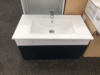 WALL HUNG 1 DRAWER SINK UNIT IN INDIGO BLUE & WHITE WITH A 810 X 470MM 1TH CERAMIC BASIN COMPLETE WITH A MONO BASIN MIXER TAP & CHROME SPRUNG WASTE - RRP £790: LOCATION - A2