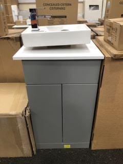 (COLLECTION ONLY) FLOOR STANDING 2 DOOR COUNTERTOP SINK UNIT IN MATT PEARL GREY & WHITE 505 X 390MM WITH STH CERAMIC BASIN COMPLETE WITH A MONO BASIN MIXER TAP & CHROME SPRUNG WASTE - RRP £705: LOCAT