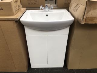 (COLLECTION ONLY) FLOOR STANDING 2 DOOR SEMI RECESSED SINK UNIT IN WHITE WITH A 550 X 430MM 1TH CERAMIC BASIN COMPLETE WITH A MODERN CROSSHEAD MONO BASIN MIXER TAP & CHROME SPRTUNG WASTE - RRP £720: