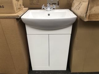 (COLLECTION ONLY) FLOOR STANDING 2 DOOR SEMI RECESSED SINK UNIT IN WHITE WITH A 550 X 430MM 1TH CERAMIC BASIN COMPLETE WITH A MODERN CROSSHEAD MONO BASIN MIXER TAP & CHROME SPRTUNG WASTE - RRP £720: