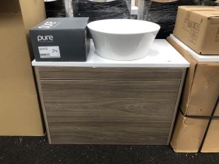 (COLLECTION ONLY) VITRA M-LINE WALL HUNG 1 DRAWER COUNTERTOP SINK UNIT IN DARK ELM 720 X 420MM WITH A ROUND CERAMIC VESLED BATH COMPLETE WITH A WALL MOUNTED 3 HOLE BASIN MIXER IN CHROME WITH SPRUNG W