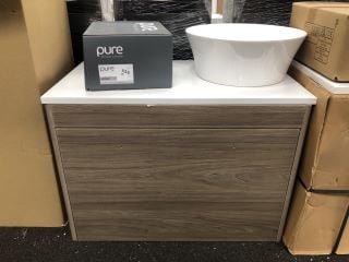 VITRA M-LINE WALL HUNG 1 DRAWER COUNTERTOP SINK UNIT IN DARK ELM 720 X 420MM WITH A ROUND CERAMIC VESSEL BASIN COMPLETE WITH A WALL MOUNTED 3 HOLE BASIN MIXER IN CHROME WITH SPRUNG WASTE - RRP £839: