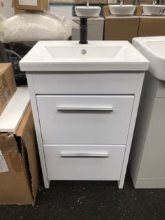 (COLLECTION ONLY) FLOOR STANDING 2 DRAWER SINK UNIT IN WHITE WITH A 510 X 400MM 1TH CERAMIC BASIN COMPLETE WITH A MONO BASIN MIXER TAP IN BLACK WITH SPRUNG WASTE - RRP £725: LOCATION - A3