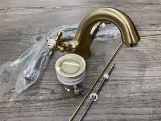 TRADITIONAL CROSSHEAD BRUSHED BRASS MONO BASIN MIXER TAP WITH POP UP WASTE - RRP £265: LOCATION - R2