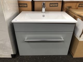 (COLLECTION ONLY) WALL HUNG 1 DRAWER SINK UNIT IN DERWENT GREY WITH A 610 X 400MM 1TH CERAMIC BASIN COMPLETE WITH A MONO BASIN MIXER TAP & CHROME SPRUNG WASTE - RRP £730: LOCATION - A4