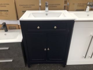 (COLLECTION ONLY) FLOOR STANDING 2 DOOR SINK UNIT IN INDIGO WITH A 610 X 400MM 1TH CERAMIC BASIN COMPLETE WITH A MONO BASIN MIXER TAP & CHROME SPRUNG WASTE - RRP £735: LOCATION - A4