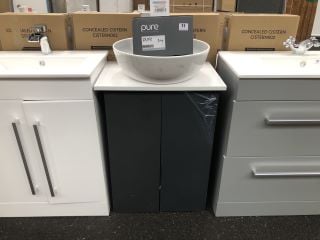 (COLLECTION ONLY) FLOOR STANDING 2 DOOR COUNTERTOP SINK UNIT IN GLOSS GREY & WHITE 550 X 380MM WITH A ROUND CERAMIC VESSEL BASIN COMPLETE WITH WALL MOUNTED 3 HOLE BASIN MIXER IN CHROME WITH SPRUNG WA